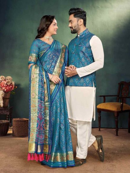 Couple Combo Mens Kurta Koti and Women Saree for Wedding and Anniversary Wear