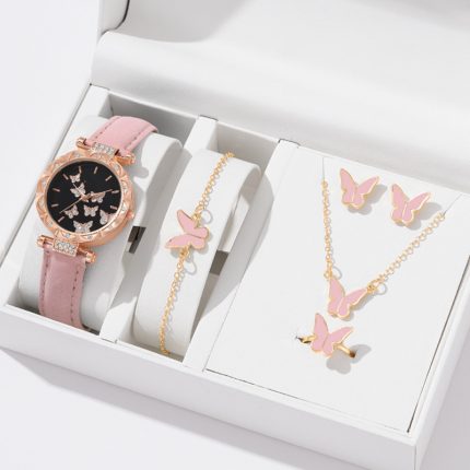 5PCS Women's Butterfly Ring Necklace Earrings Diamond Watch Bracelet Set